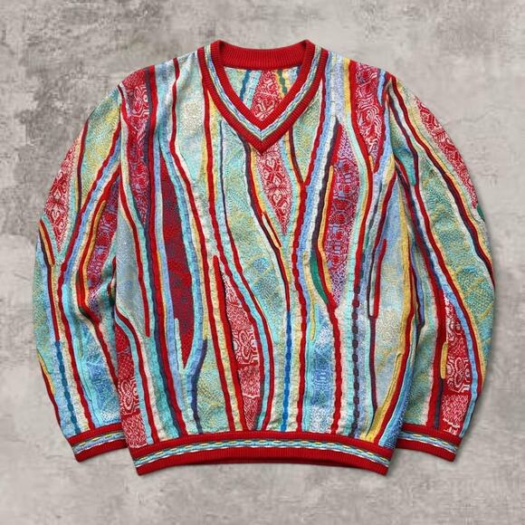 Cashmere Coogi Style V Neck Sweater Red Green Soft Knit Size S Italian Luxury